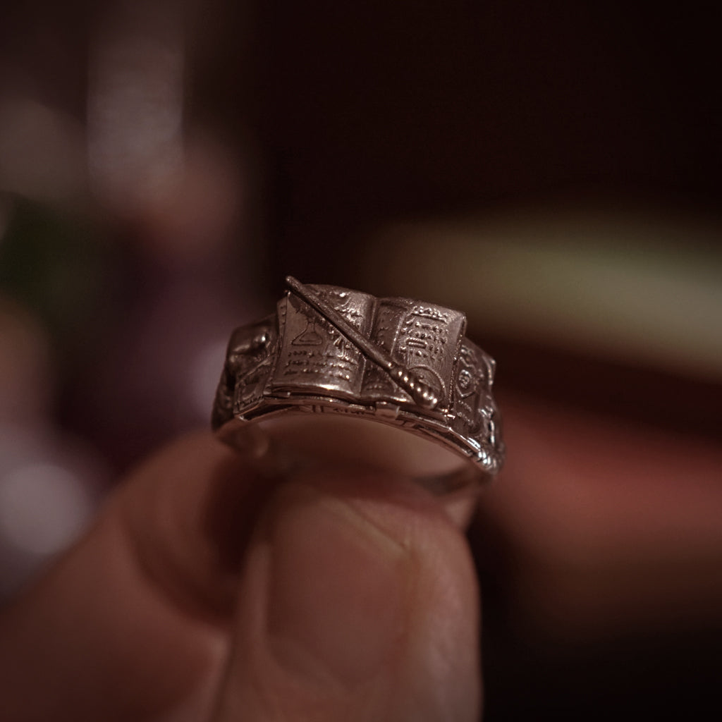 Handmade British fantasy jewellery Spellbook Ring close up